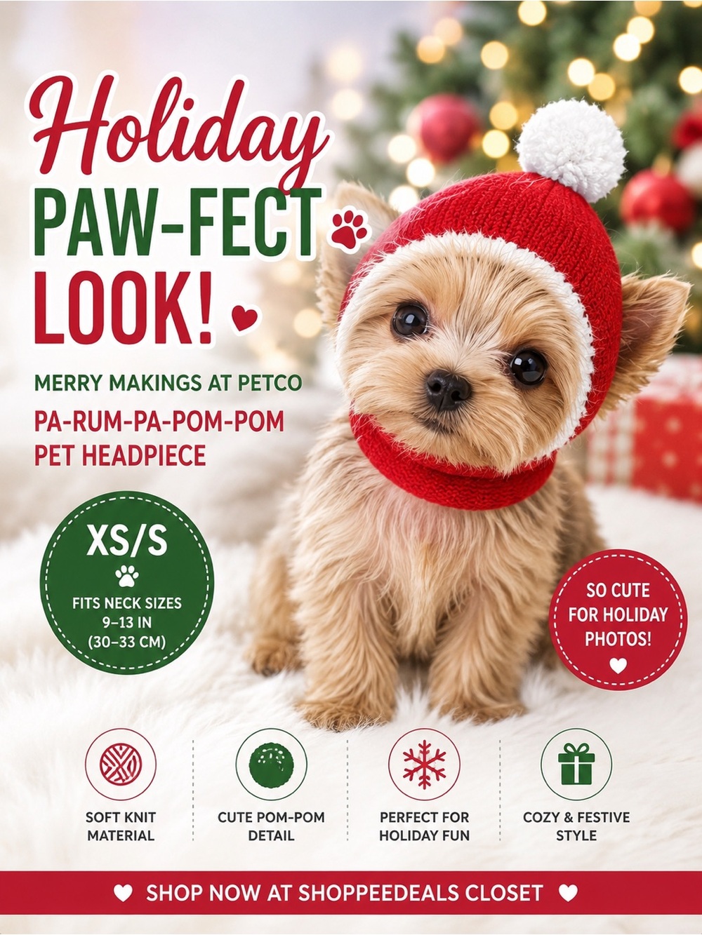 Merry Makings at Petco PA-RUM-PA-POM-POM Pet Headpiece XS/S NWT
